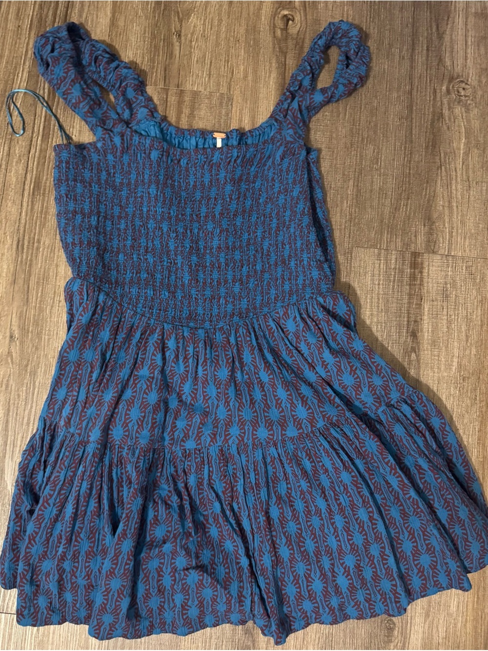Free People Blue Printed Smocked Mini Dress